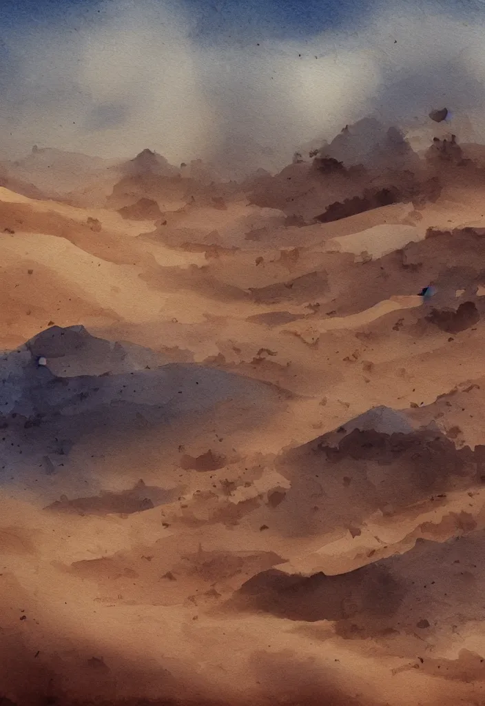 Image similar to desert watercolor, cinematic, highly detailed wide, atmospheric lighting, muted colors, dramatic scene