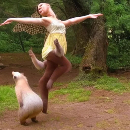 Prompt: fairy dancing with capybara, ultra realistic