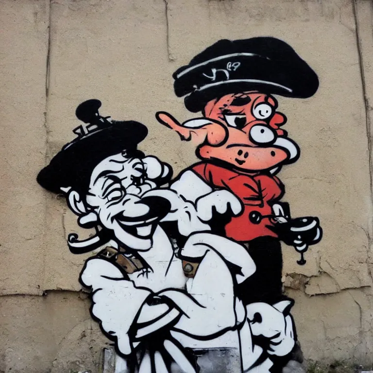 Prompt: Street-art portrait of Popeye the Sailor in style Banksy, photorealism