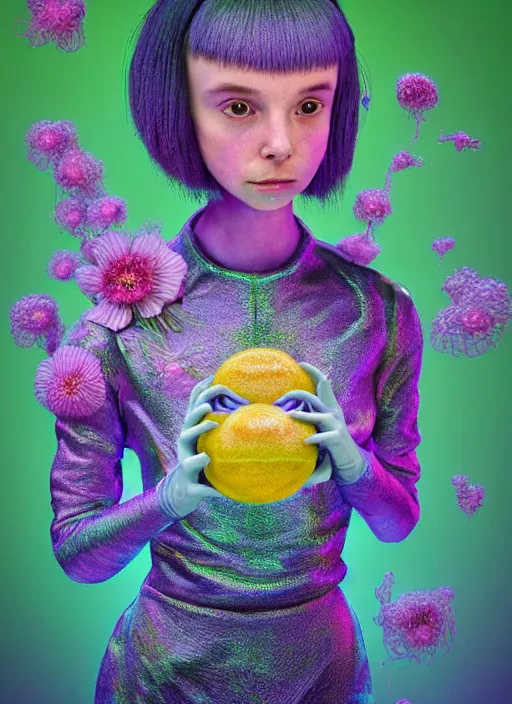 Image similar to hyper detailed 3d render like a Oil painting - kawaii portrait Aurora (an astronaut girl with suit like a skeksis from dark crystal that looks like millie bobby brown and Krysten Ritter) seen Eating of the Strangling network of yellowcake aerochrome and milky Fruit and His delicate Hands hold of gossamer polyp blossoms bring iridescent fungal flowers whose spores black the foolish stars by Jacek Yerka, Ilya Kuvshinov, Mariusz Lewandowski, Houdini algorithmic generative render, Abstract brush strokes, Masterpiece, Edward Hopper and James Gilleard, Zdzislaw Beksinski, Mark Ryden, Wolfgang Lettl, hints of Yayoi Kasuma, octane render, 8k