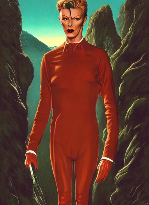 Image similar to twin peaks poster art, david bowie is infected with the spirit of the wendigo demon, old retro pulp, by michael whelan, rossetti bouguereau, artgerm, retro, nostalgic, old fashioned