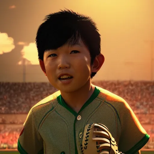 Image similar to a boy hitting a homerun in a baseball game on an idyllic beautiful summer day. Close up. Asian boy with black hair and green eyes. Lens flare. Golden hour. Craig Mullins. Ruan Jia Makoto shinkai.