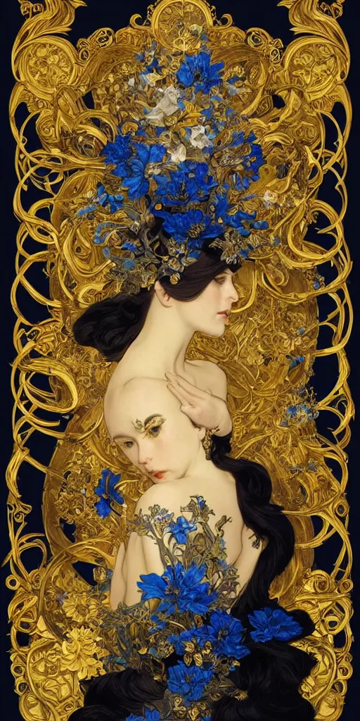 Image similar to black blue yellow, complicated gold and blue flowers the baroque style decoration, dark fantasy, intricate, elegant, highly detailed, digital painting, artstation, concept art, matte, 3 d 8 k octane rendered, sharp focus, illustration, octane rendered, art by artgerm and alphonse mucha, leesha hannigan