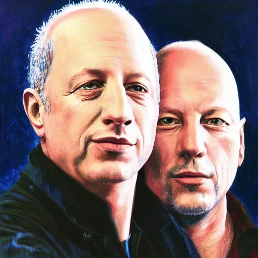 Prompt: portrait of mark knopfler with david gilmour, joyful, highly detailed painting by stephen bliss, boxart, 8 k