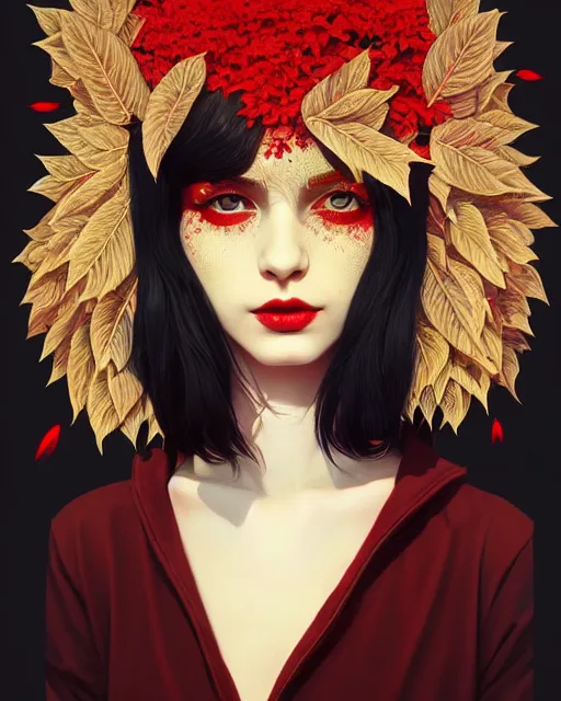 Image similar to highly detailed beautiful pale skin hippie, black hair, flying leaves on backround, symmetrical, red lips, paint by ilya kuvshinov and anna dittman trending on artstation, intricate details, energetic composition, golden ratio, concept art, illustration, elegant art