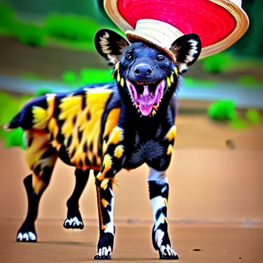 Prompt: The world's greatest showman: the african painted dog dressed in a hat!