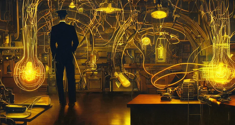 Prompt: nikolai tesla in his lab, electrical arcs, magical sparks, large glowing light bulbs, neon glow, highly detailed, digital art, intricate, dramatic lighting, retro futuristic, neon colors, cinematic, art by norman rockwell, greg rutkowski, james gurney, artgerm