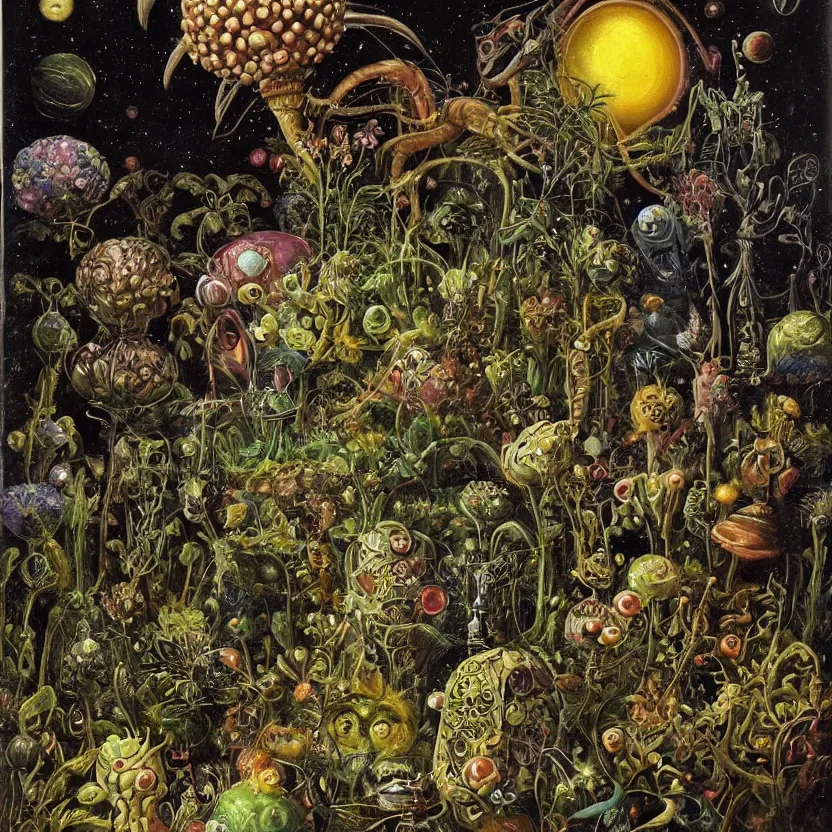 Prompt: the alien garden at night. decorated with foliage, faberge, and filigree. pulp sci - fi art for omni magazine. cosmic. baroque period, oil on canvas. renaissance masterpiece
