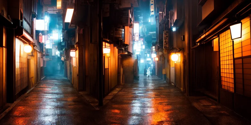 Image similar to a japanese alleyway at night, in the style of blade runner 2049, volumetric lighting