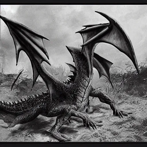 Prompt: fantasy dragons, world war 1, old photograph