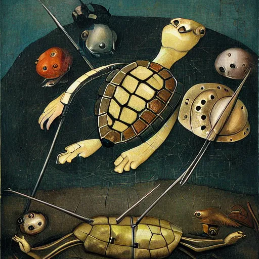 Image similar to robotic turtle, Hieronymus Bosch art style