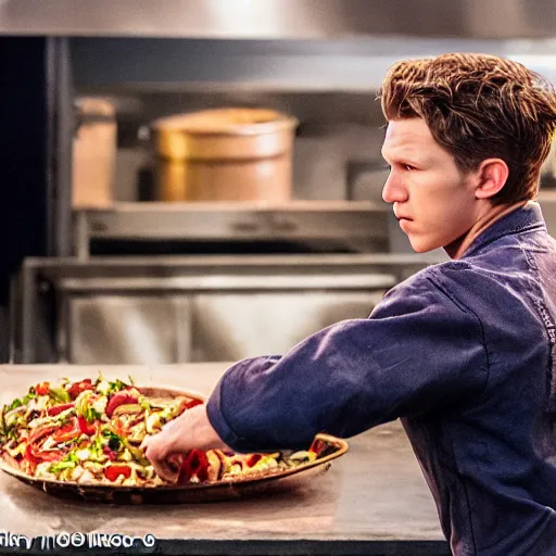 Image similar to variety - first picture of live action ratatouille shows tom holland with a real live rat on his chef's hat ( eos 5 ds r, iso 1 0 0, f / 8, 1 / 1 2 5, 8 4 mm, postprocessed, bokeh )