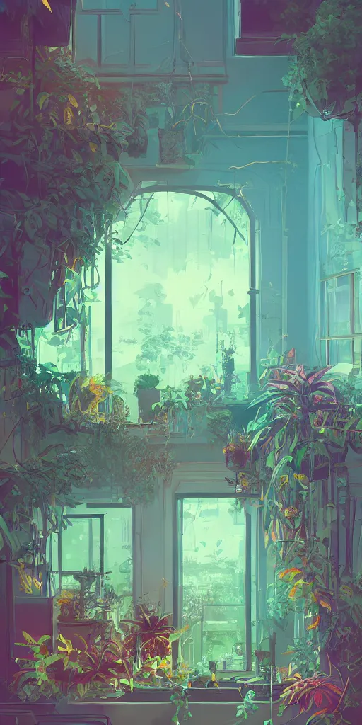 Image similar to lush solarpunk Victorian windowsill with lush plants on it, interior of room, looking out toward a solarpunk cityscape, vignette of windowsill, detailed digital concept art by anton fadeev and marc simonetti, trending on artstation