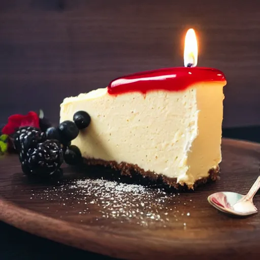Image similar to a piece of cheesecake with a candle in it, on a wooden table in the style of Dali