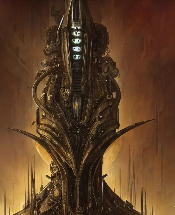 Image similar to steampunk style Sauron, futuristic technology, menacing pose, by HR Giger and Beksiński and Stephan Martiniere , 4k resolution, detailed, trending on artstation