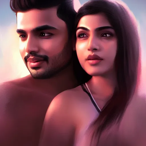 Image similar to theatrical press release ; indian young male and female couple sharing one heart ; stunning digital artwork by artgerm ; cinematic movie pose ; photorealistic, hyperrealistic, dramatic soft rim light ; highly detailed ; face by wlop ; trending on artstation ; cinematography from music video ; symmetrical, high coherence