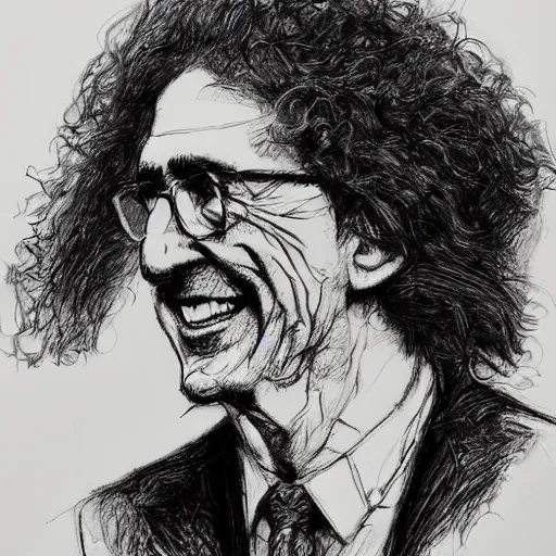 Prompt: a realistic yet scraggly portrait sketch of the side profile of a happy weird al, trending on artstation, intricate details, in the style of frank auerbach, in the style of sergio aragones, in the style of martin ansin, in the style of david aja, in the style of mattias adolfsson