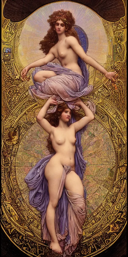 Prompt: aphrodite in paradiso. sacred geometry. clouds. sun rays. bliss. enlightenment. ascension . Gustave Doré. dappled light. cinematic lighting. in the art style of Mucha