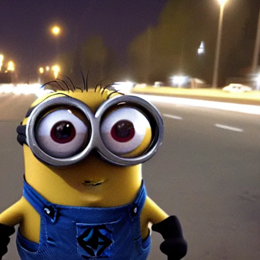 Prompt: dashcam footage of a minion looking directly to the camera at night