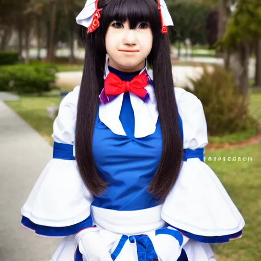 Image similar to a symmetric and beautiful face, full body high definition photo of a cosplayer with twin tails, wearing maid uniform, photo taken with Sony a7R