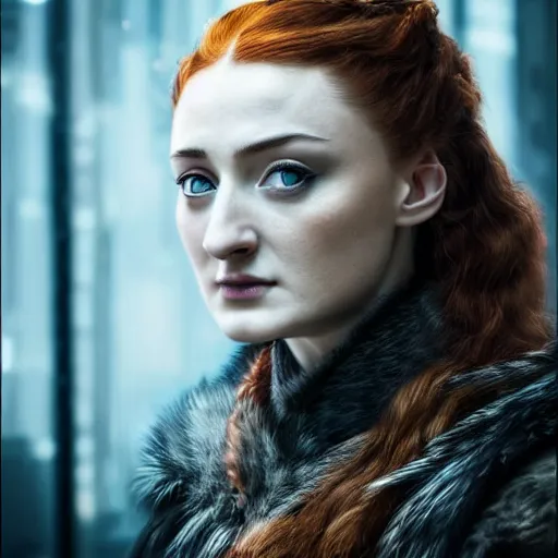 Prompt: portrait beautiful sansa stark in cyberpunk, high detail, dark dramatic light