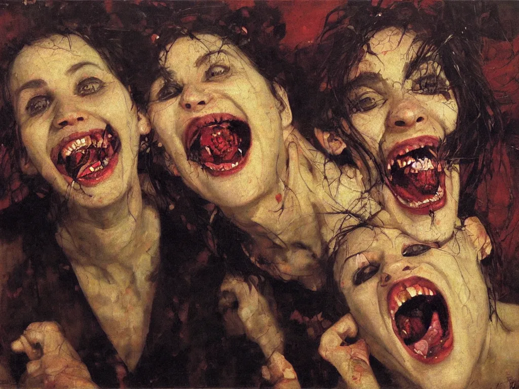 Prompt: vampire laughing portrait, night, denis sarazhin, vrubel, oil on canvas