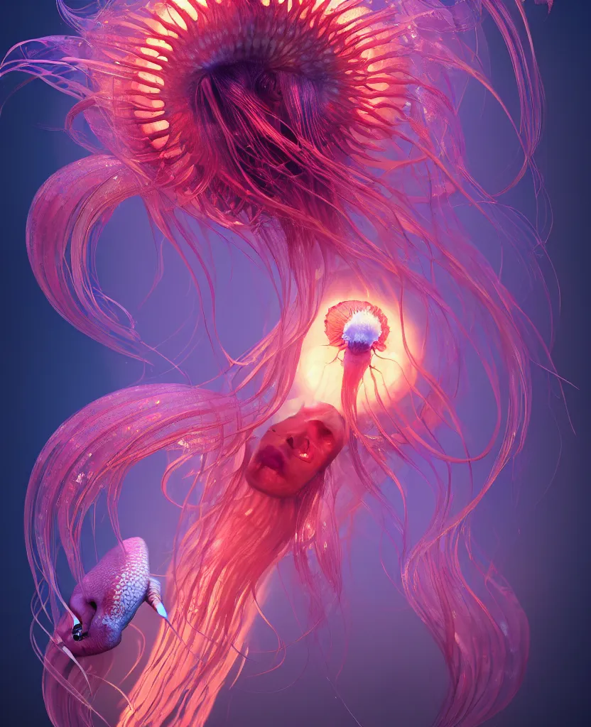 Image similar to goddess close-up portrait. orchid jellyfish phoenix head, nautilus, skull, betta fish, bioluminiscent creatures, intricate artwork by Tooth Wu and wlop and beeple. octane render, trending on artstation, greg rutkowski very coherent symmetrical artwork. cinematic, hyper realism, high detail, octane render, 8k