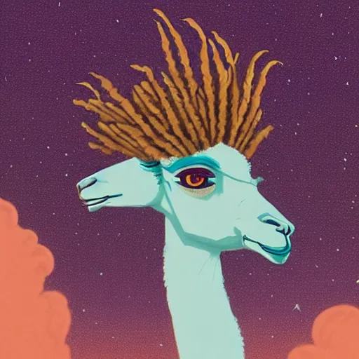 Prompt: llama with dreadlocks, heroic pose, by Victo Ngai | Graphic Novel, Visual Novel, Colored Pencil, Comic Book:.3 | unreal engine:.5 | establishing shot