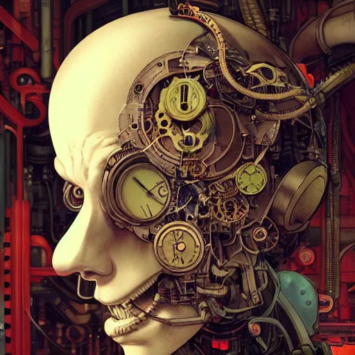 Image similar to machine portrait soft light painted by james jean and katsuhiro otomo and erik jones, inspired by steampunk, smooth face feature, intricate oil painting, high detail illustration, sharp high detail, manga and anime 1 9 9 9