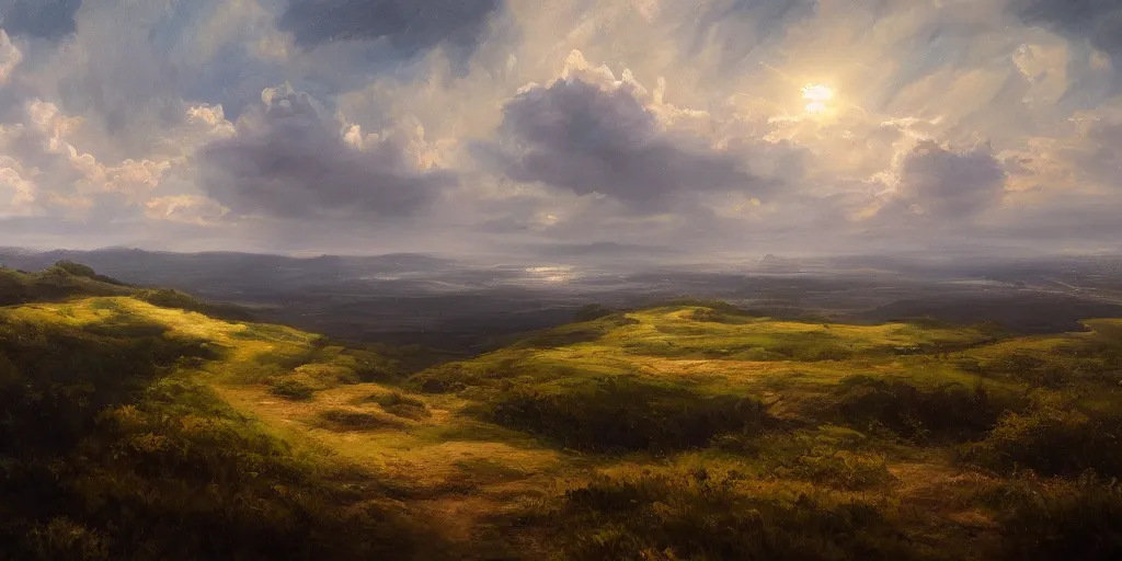 Image similar to a breathtaking landscape from a hilltop, cinematic lighting, detailed oil painting, hyperrealistic, 8k