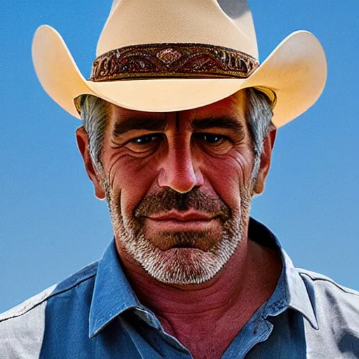 Prompt: professional head shot of jeffery epstein wearing cowboy clothes and standing in the desert, very detailed, very intricate, detailed face,