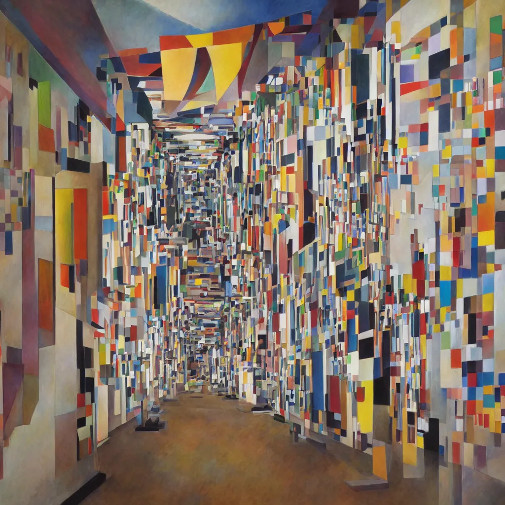 Prompt: photograph of a corridor in an kandinsky exhibition, lots of paintings on the walls, perspective, award - winning