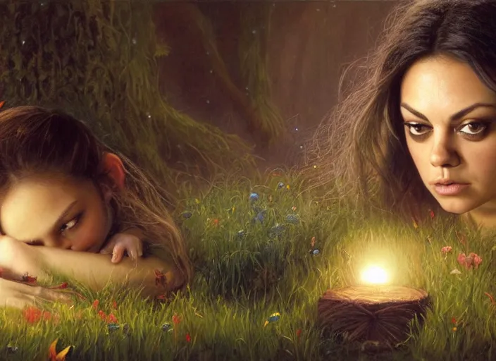 Image similar to Mila Kunis staring into the camera singing a lullaby, fireflies, full moon, Lilia Alvarado, Sophie Anderson, Mark Arian, Bob Byerley, Charlie Bowater, Mark Brooks, Steve Henderson, Justin Gerard, Arthur Hughes, Edward Robert Hughes, Mark Keathley, Victor Nizovtsev, Carlos Shwabe, Ross Tran, WLOP