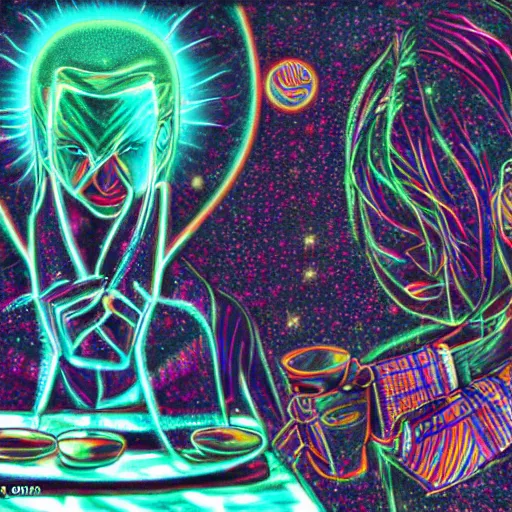 Prompt: A man drinking a cup of cosmic energy bright light by Hideaki Sorachi, 4k, digital art, surreal, anime style,