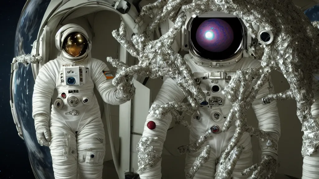 Image similar to a cybernetic symbiosis of a single astronaut eva suit with diamond 3d fractal lace iridescent bubble 3d skin covered with insectoid compound eye camera lenses floats through the living room, film still from the movie directed by Denis Villeneuve with art direction by Salvador Dalí, wide lens,