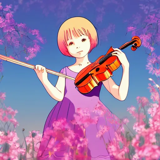 Image similar to cell shaded key visual of a young girl in a floral playing dress the violin in the style of studio ghibli, moebius, makoto shinkai,