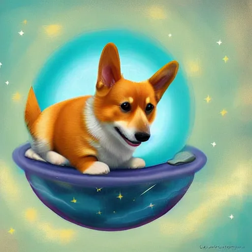 Image similar to corgi puppy floating in space, cosmic, calm, beautiful digital painting
