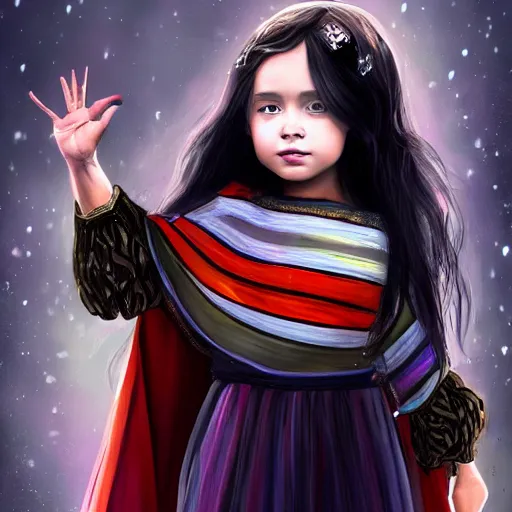 Image similar to mysterious girl child with her long black hair dressed in a chequered cape, carrying blue very big magical crystal, digital art, hd, 4 k, hyper detailed