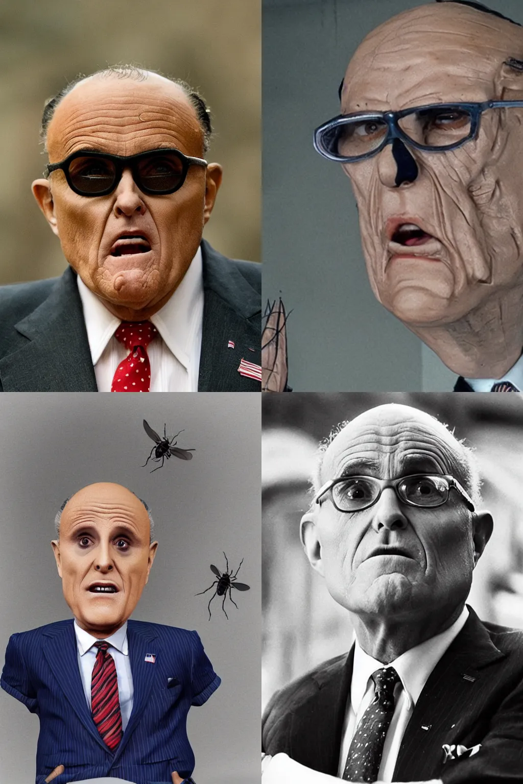 Prompt: rudy giuliani as a fly directed by david cronenberg, full body, scaly skin, thick black hairs, large bug eyes