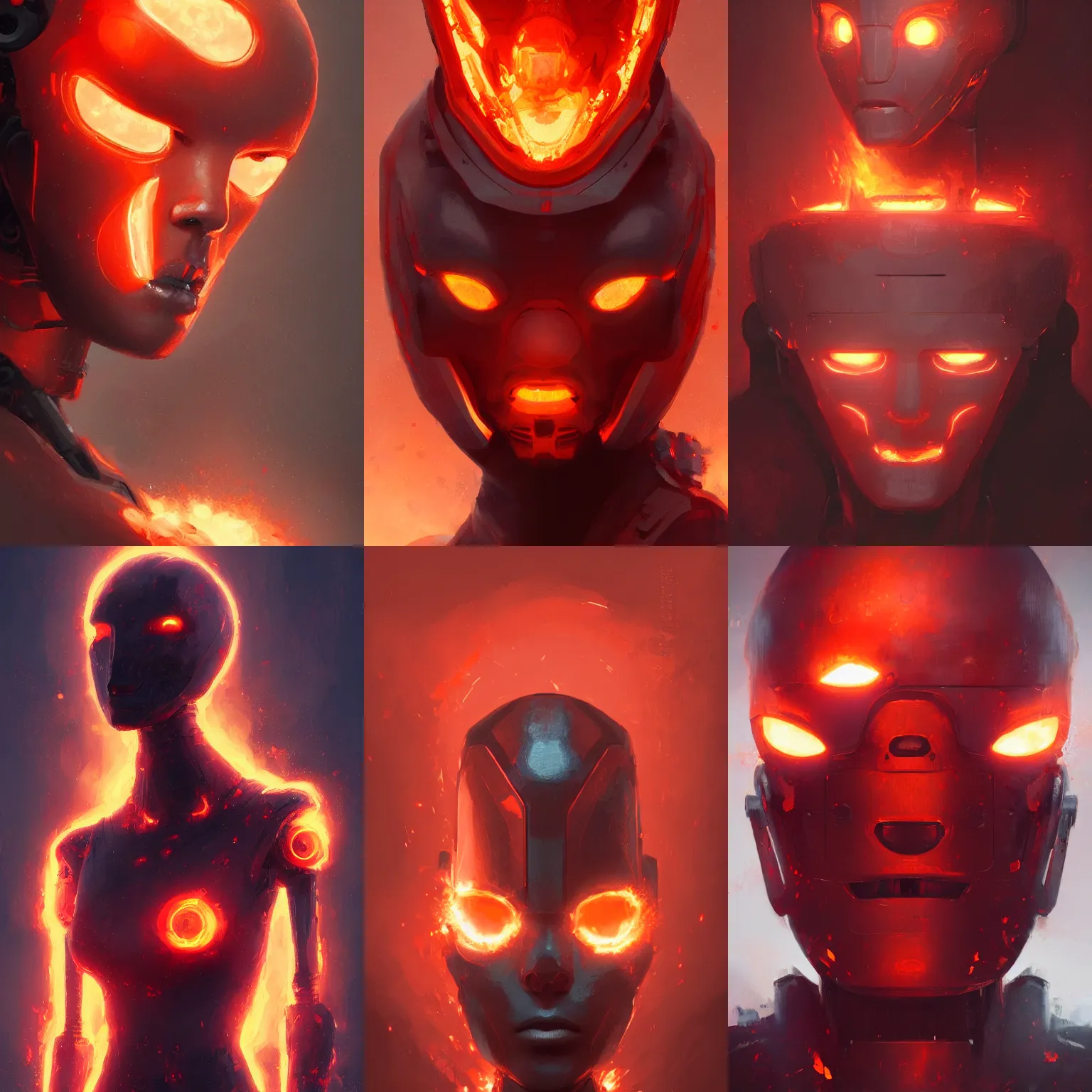 Prompt: portrait of a robot on fire, red eyes, embers, by greg rutkowski, artstation