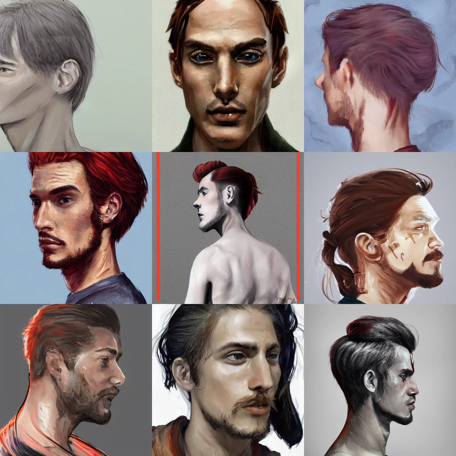 Prompt: portrait of a thin young man with red hair in a man bun, intricate, symetric, highly detailed, digital painting, artstation, sharp focus, illustration