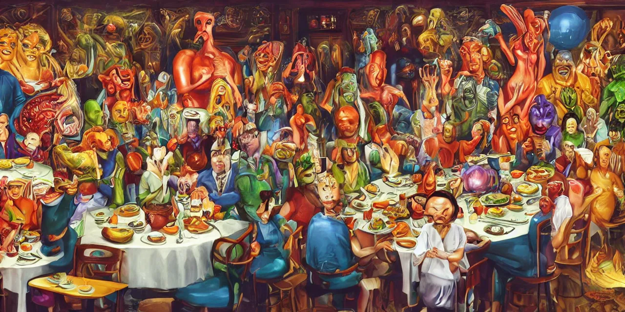 Image similar to big family style diner in the artistic slightly surreal with various gods and alien like beings all wearing costumes of famous people