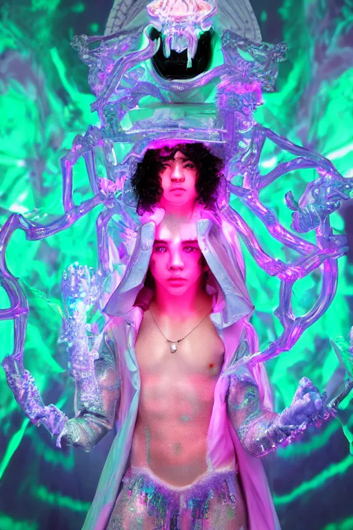 Image similar to full-body rococo and cyberpunk delicate neon crystalline sculpture of ((young muscular albino prince Joe Jonas)) as an iridescent humanoid deity wearing ((peach plastic hooded cloak)) (holding a human skull) in a white castle dungeon, reclining, glowing pink face, crown of (pink lasers), large blue diamonds, swirling black silk fabric. futuristic elements. oozing glowing liquid, full-length view. space robots. intricate artwork by caravaggio. Trending on artstation, octane render, cinematic lighting from the right, hyper realism, octane render, 8k, depth of field, 3D