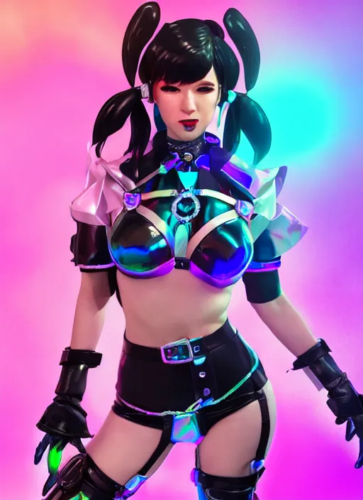 Image similar to full body digital artwork of dva overwatch, wearing black iridescent rainbow latex bikini, 4 k, expressive happy smug expression, makeup, in style of mark arian, wearing detailed black leather collar, wearing chains, black leather harness, leather cuffs around wrists, detailed face and eyes,