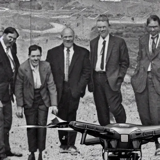 Prompt: vintage photograph of a close-up on a group of business men surrounded by drones, in a dump field, in the style of Terry Gilliam