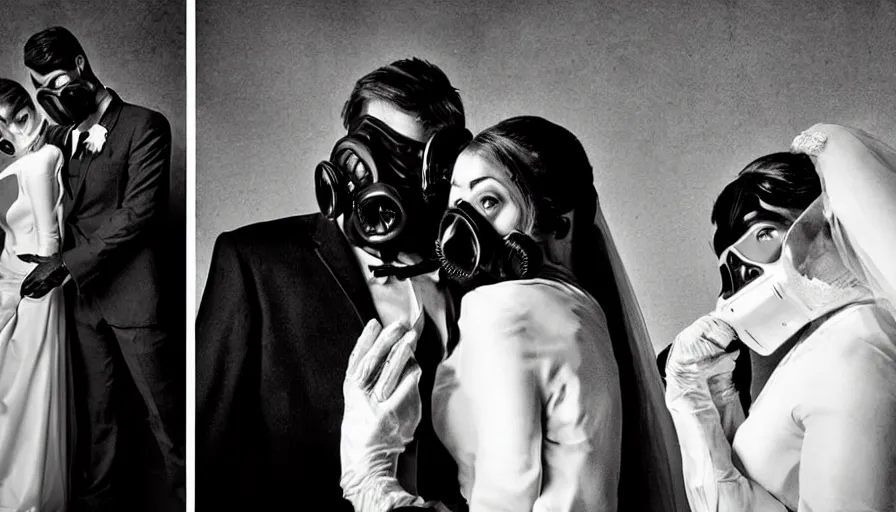 Image similar to disturbing big budget hollywood movie bride and groom wearing gas masks at the marriage of reason and squalor perfect composition dramatic lighting chiaroscuro