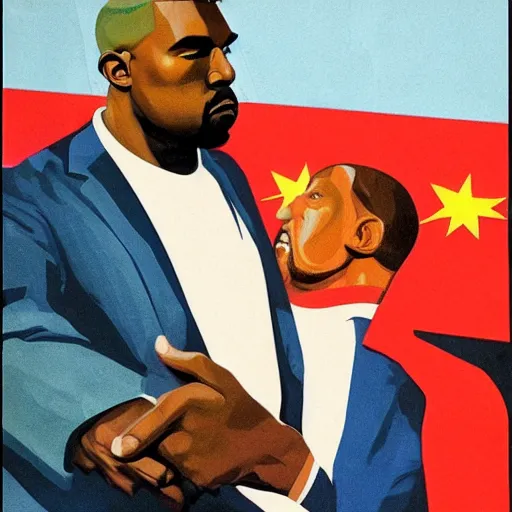 Image similar to a majestic soviet propaganda poster of kanye west shaking hands with lenin