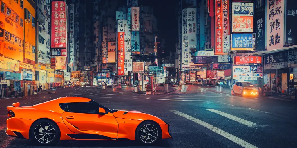 Image similar to orange supra in the middle of a road on the night Hong Kong china town, blue color grading, cinematic color grading , unreal 5, hyperrealistic, realistic, photorealistic, dynamic lighting, highly detailed, cinematic landscape, studio landscape, studio lighting