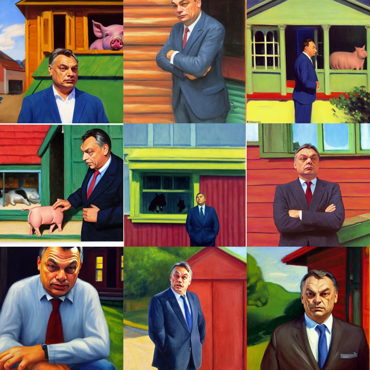Prompt: viktor orban with highly detailed face in front of the pig house, by edward hopper