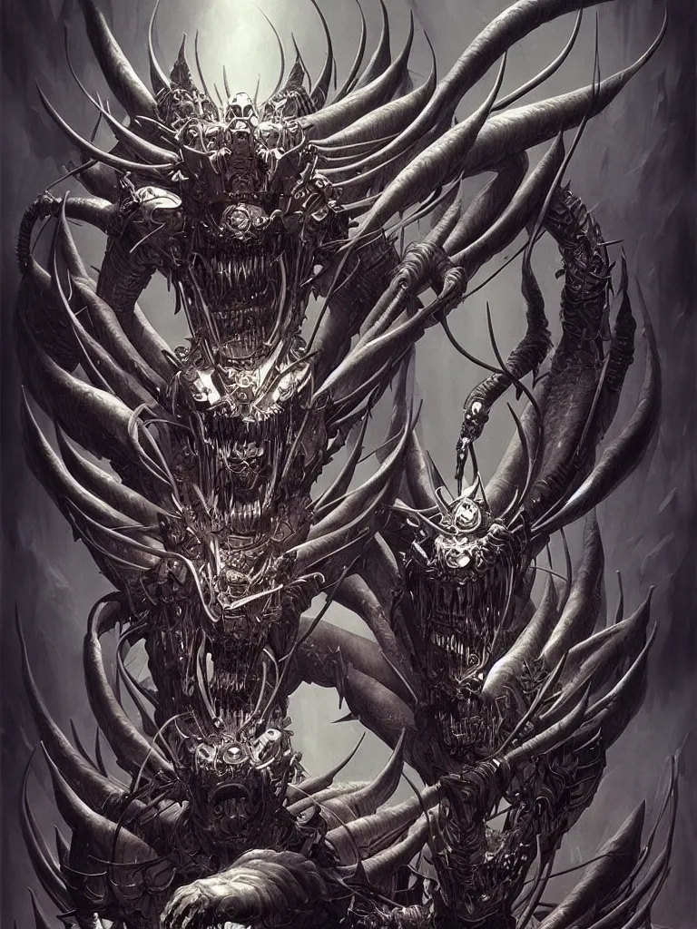 Prompt: exquisite imaginative creature beast from chinese mythology, nanotech demonic monster horror, frontal symmetry, sharp, ghost in the shell, slender and densely arranged teeth, rna bioweapon, poster art, movie art, elegant, illustrated by kentaro miura, game, movie concept art, by brom gerald